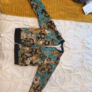 Forever 21 Teal and Gold Ornate Print Bomber Jacket